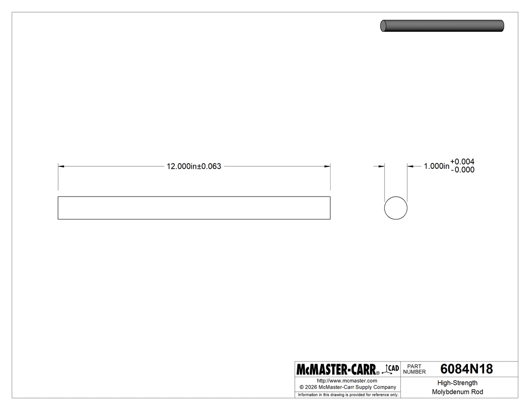 Technical Drawing of High-Strength Molybdenum Rod, 1" Diameter, 1 Foot Long.